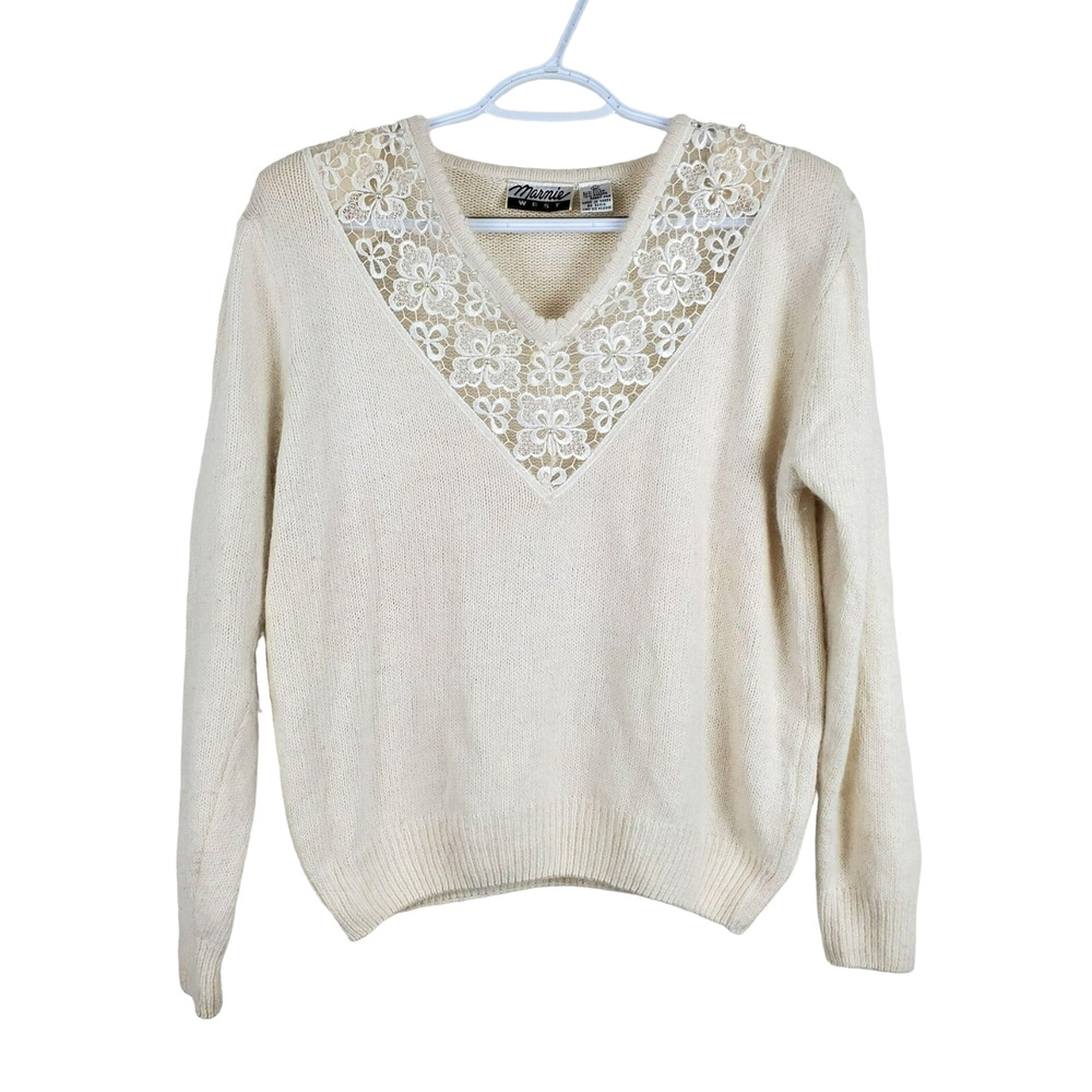 Vintage Marnie West Silk Angora Blouse Sweater Sz L Lace Pearl Rabbit 80s Cream